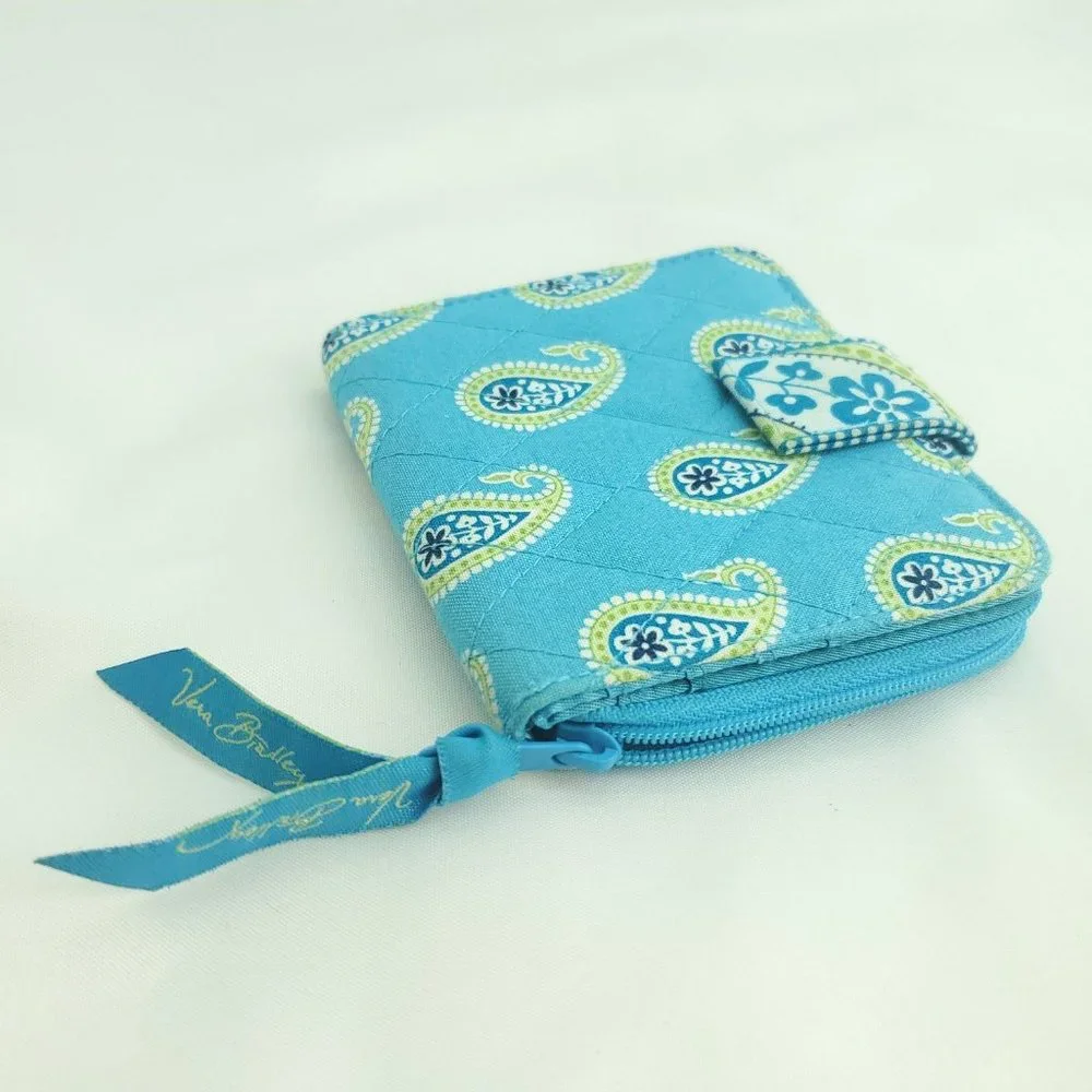Vera Bradley Girls Blue Paisley Inner Pocket Snap Front Zip Around Bifold Wallet